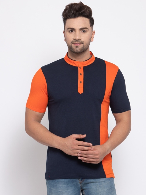 

Kalt Men Orange Colourblocked Mandarin Collar T-shirt