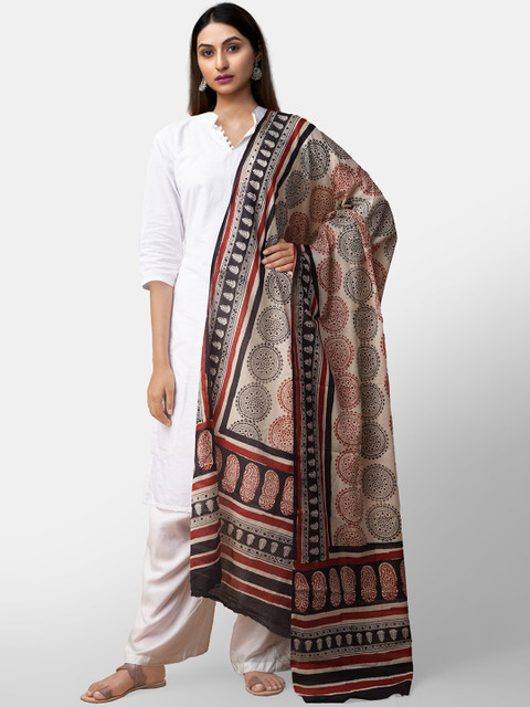 

Unnati Silks Cream-Coloured & Brown Printed Dupatta
