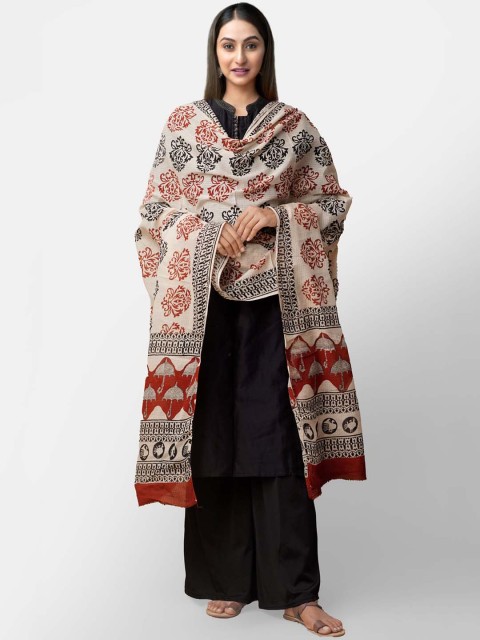 

Unnati Silks Cream-Coloured & Black Bagru Printed Dupatta
