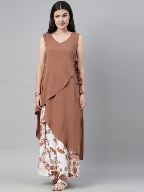 

Neerus Women Brown & White Solid Kurta with Skirt