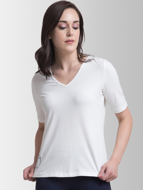 

FableStreet Women White Solid V-Neck T-shirt