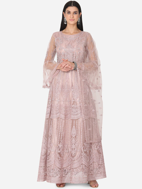 

BOMBAY SELECTIONS Women Pink & White Embroidered Kurta with Churidar & Dupatta