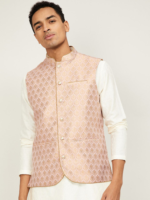 

Melange by Lifestyle Men Pink & Gold-Coloured Woven Design Nehru Jacket