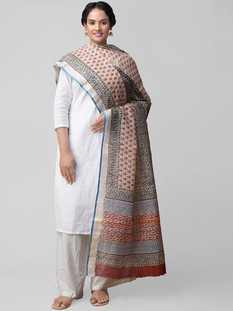 

Unnati Silks Cream-Coloured & Brown Bagru Printed Handloom Linen Dupatta