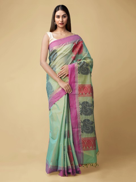 

Unnati Silks Green Pure Cotton Woven Design Handloom Uppada Sustainable Saree