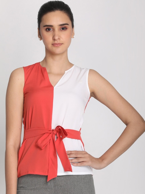 

PReT me White & Orange Colourblocked Crepe Regular Top