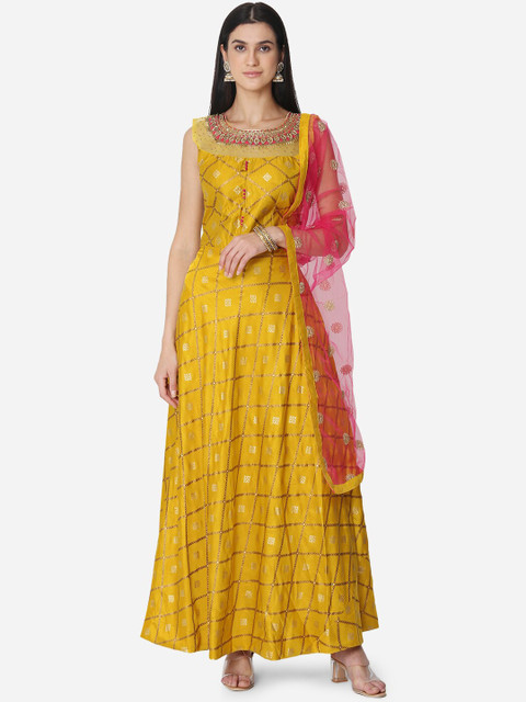 

BOMBAY SELECTIONS Women Yellow Embroidered Kurta with Dhoti Pants & Dupatta