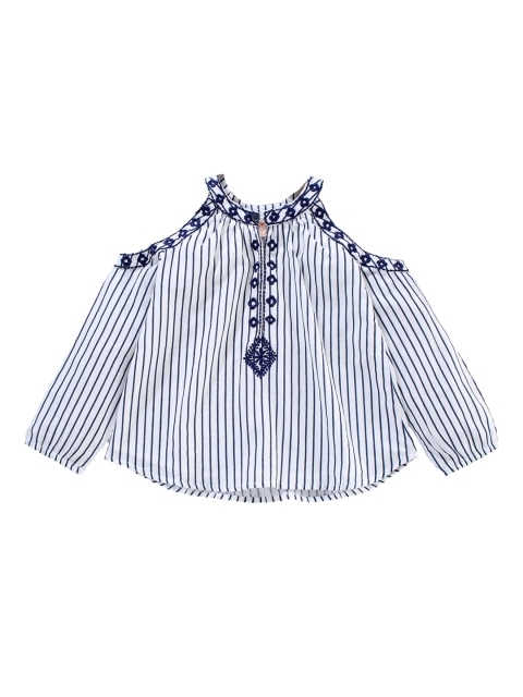 

Hugsntugs Blue & White Striped Cold-Shoulder Sleeves Pure Cotton A-Line Top