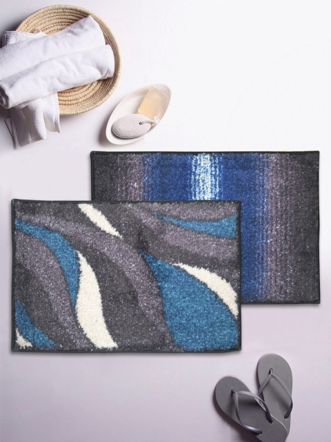 

BIANCA Set of 2 Printed Anti-Skid Rectangular Bath Rugs, Blue