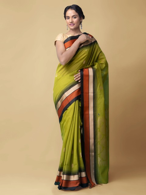 

Unnati Silks Green Silk Cotton Solid Kanjeevaram Sustainable Saree