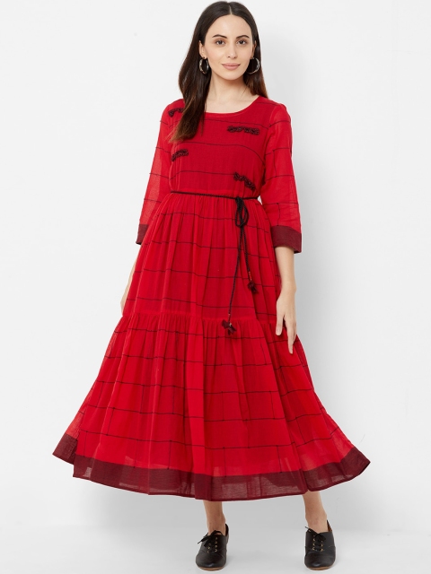 

ZOLA Women Red Checked Layered Cotton Fit and Flare Dress