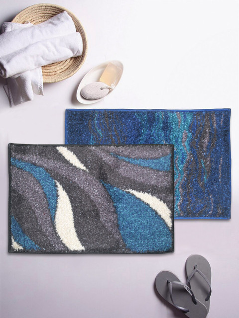 

BIANCA Set Of 2 Blue & Grey Patterned 1850 GSM Anti-Skid Bath Rugs