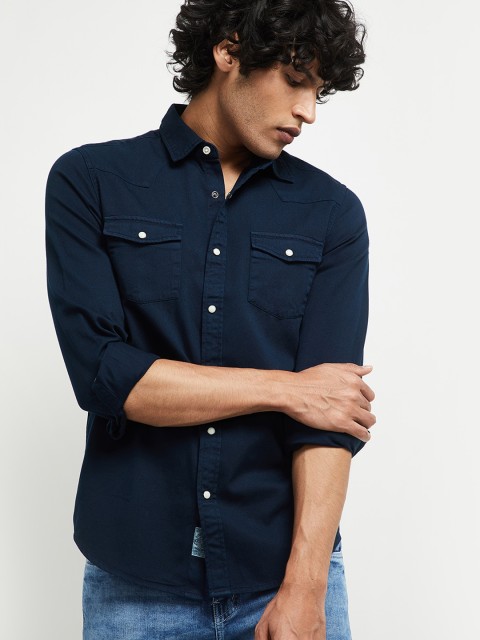 

max Men Blue Slim Fit Solid Casual Shirt