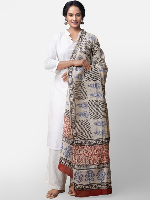 

Unnati Silks Cream-Coloured & Blue Printed Dupatta