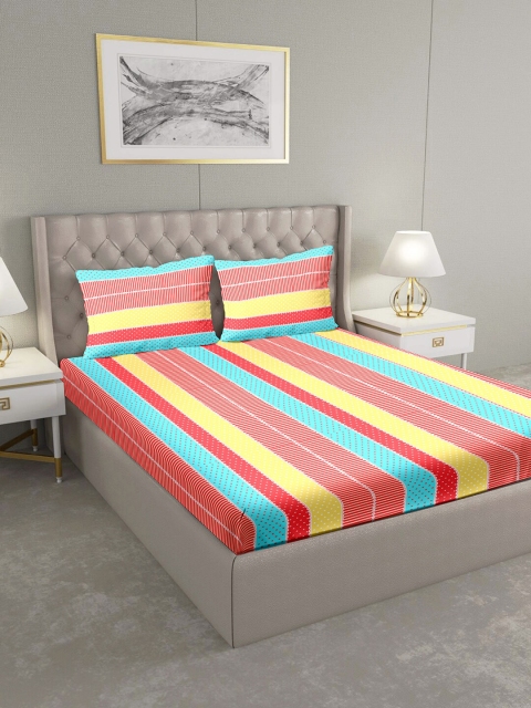 BELLA CASA Red & Yellow Striped 124 TC Cotton 1 King Bedsheet with 2 Pillow Covers