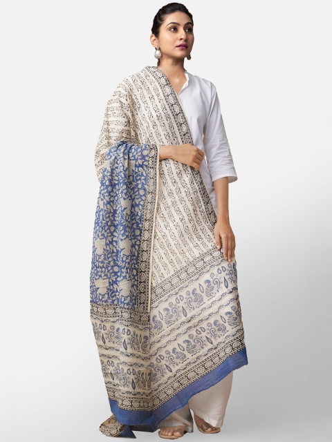 

Unnati Silks Cream-Coloured & Blue Bagru Printed Pure Cotton Dupatta
