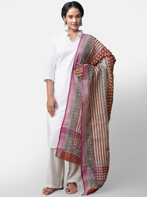 

Unnati Silks Pink & Cream-Coloured Bagru Printed Handloom Linen Dupatta