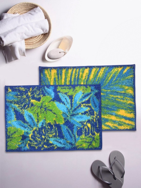 

BIANCA Set Of 2 Blue & Green Printed Super-Dry Bath Rugs