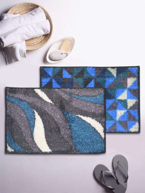 

BIANCA Set of 2 Printed Anti-Skid Rectangular Bath Rugs, Blue