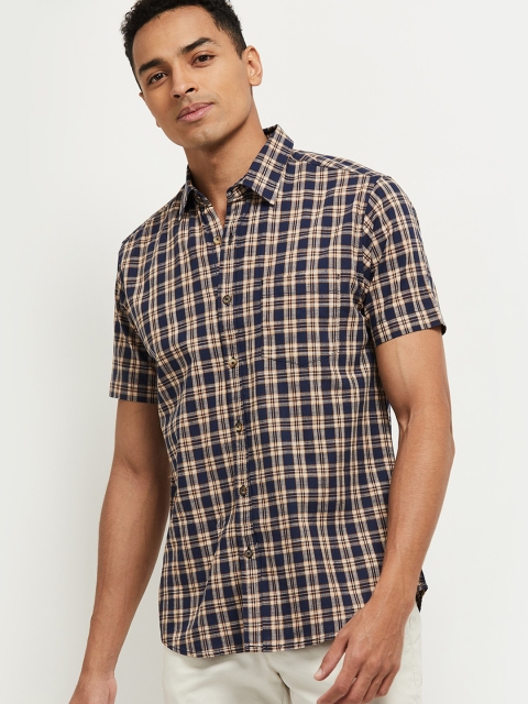 

max Men Navy Blue & Beige Regular Fit Checked Cotton Casual Shirt