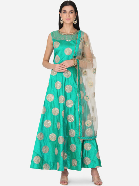 

BOMBAY SELECTIONS Women Green Embroidered Kurta with Churidar & Dupatta