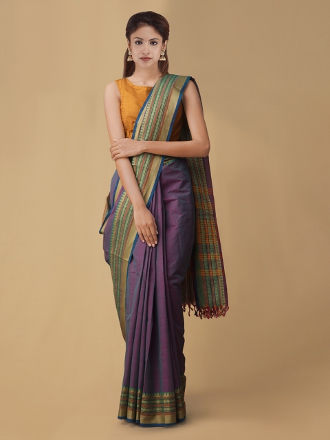 

Unnati Silks Purple Pure Cotton Solid Kanjeevaram Saree