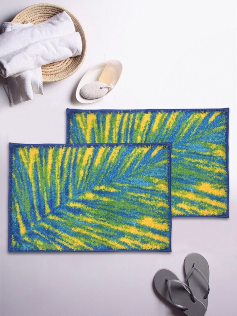 

BIANCA Set of 2 Printed Anti-Skid Rectangular Bath Rugs, Blue