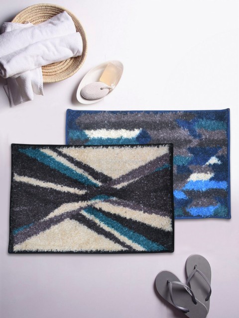 

BIANCA Set of 2 Printed Anti-Skid Rectangular Bath Rugs, Blue