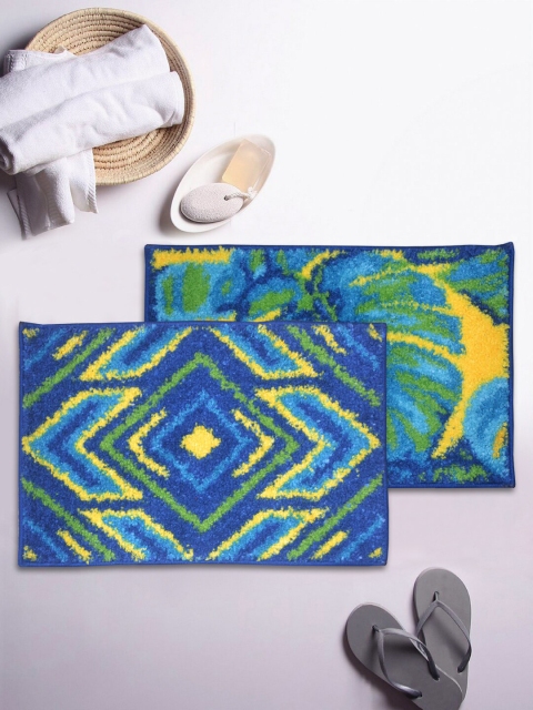 

BIANCA Set of 2 Printed Anti-Skid Rectangular Bath Rugs, Blue