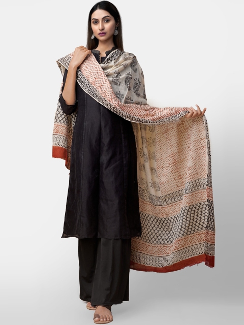 

Unnati Silks Cream-Coloured & Red Bagru Printed Pure Cotton Dupatta