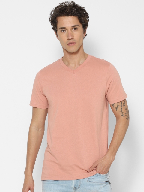 

FOREVER 21 Men Pink Solid V-Neck T-shirt