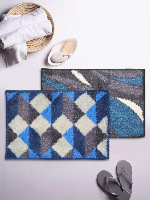 

BIANCA Set Of 2 Blue & Grey Printed 1850 GSM Microfibre Anti-Skid Super Dry Bath Rugs