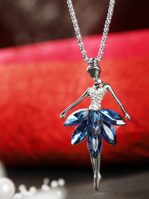 

ANIKAS CREATION Silver-Plated Blue & White AD-Studded Handcrafted Pendant With Chain