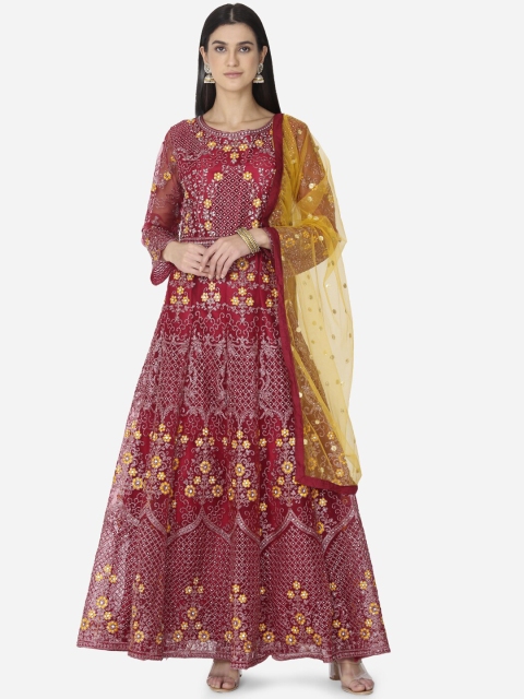 

BOMBAY SELECTIONS Women Maroon Embroidered Kurta with Trousers & Dupatta