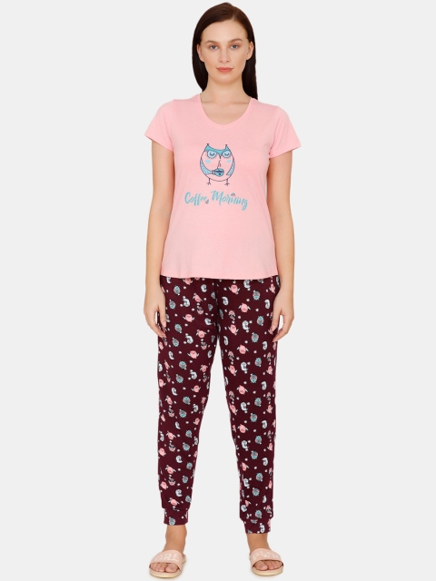 

Zivame Women Pink & Maroon Printed Night suit