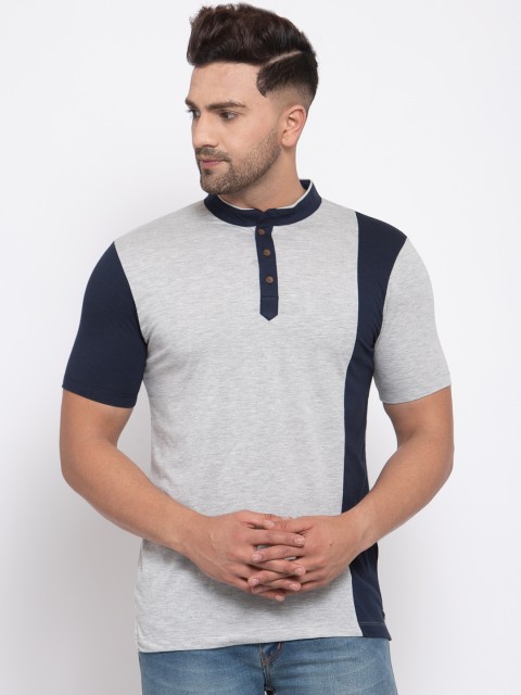 

Kalt Men Grey & Navy Blue Colourblocked Mandarin Collar T-shirt