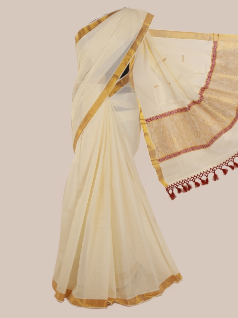 Pothys Cream-Coloured Solid Pure Cotton Saree