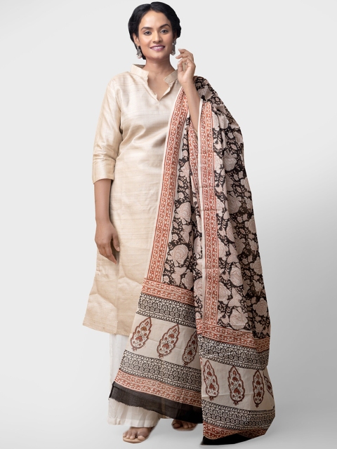 

Unnati Silks Black & Cream-Coloured Bagru Printed Pure Mulmul Cotton Dupatta