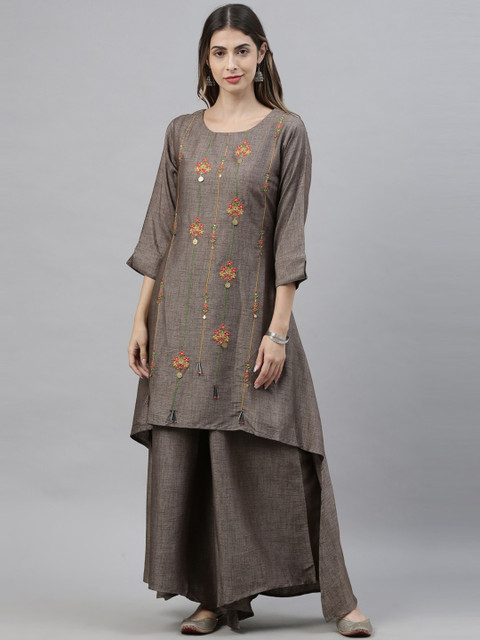 

Neerus Women Grey Embroidered Kurta with Palazzos & Dupatta