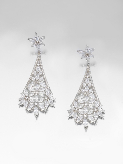 

shaze Rhodium-Plated Silver-Toned Floral Drop Earrings