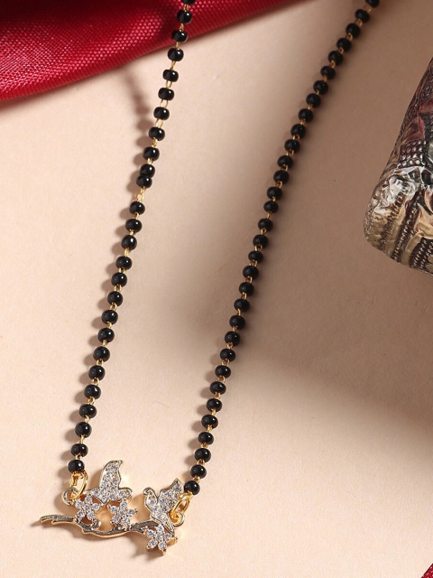 

Shoshaa Gold-Plated Black Beaded & White Stone-Studded Mangalsutra