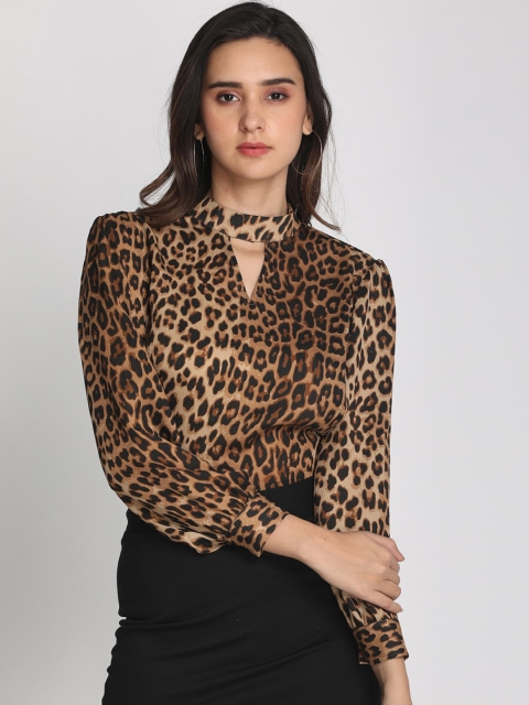 

PReT me Women Brown Leopard Printed Bishop Sleeves Chiffon Regular Top