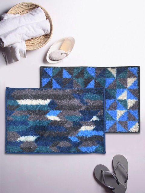 

BIANCA Set Of 2 Blue & Brown Printed Anti-Skid Rubber Back Superdry Bath Rugs