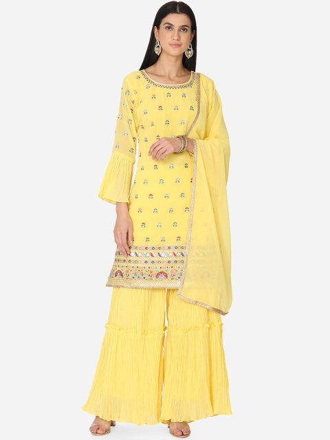 

BOMBAY SELECTIONS Women Yellow Embroidered Kurta with Sharara & Dupatta