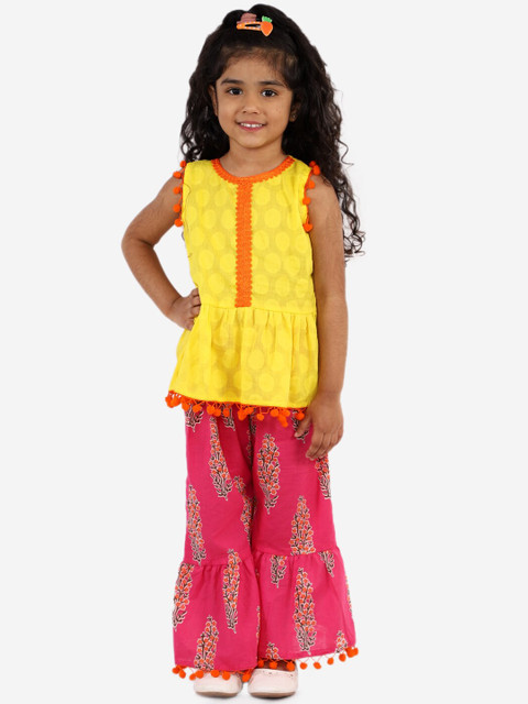 

KID1 Girls Yellow & Pink Printed Top with Sharara with Pompom