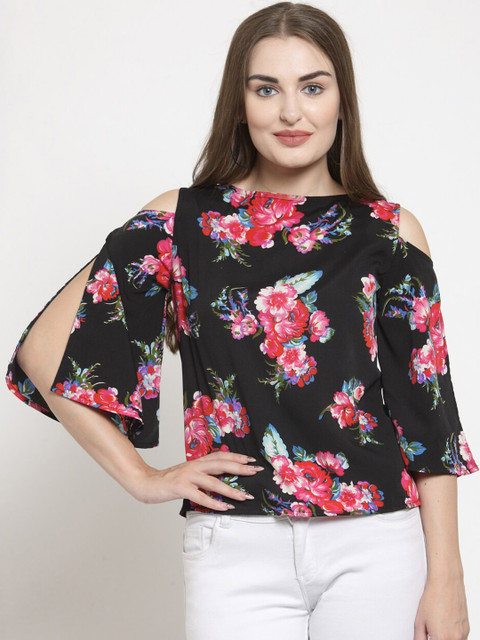 

Purple State Black Floral Printed Slit Sleeves Regular Top