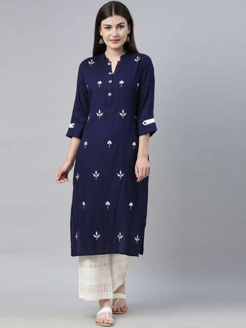 

Neerus Women Navy Blue & White Embroidered Kurta with Palazzos