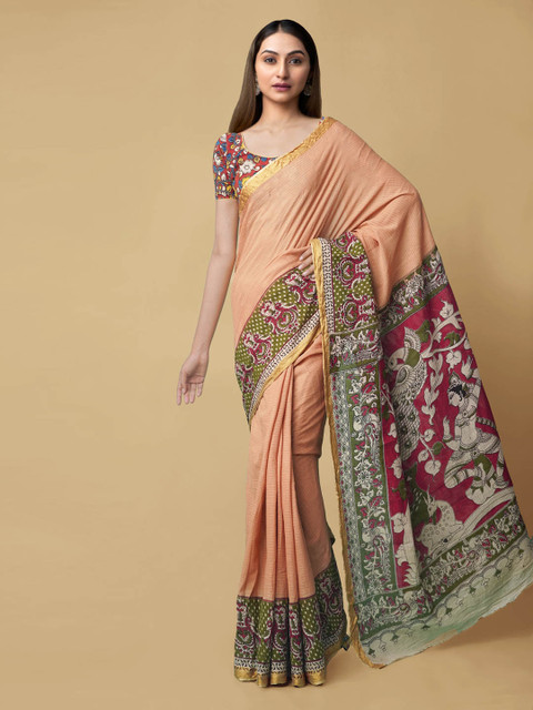 

Unnati Silks Peach-Coloured Pure Cotton Printed Kanjeevaram Sustainable Saree
