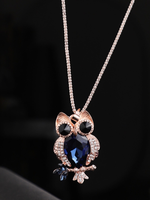 

ANIKAS CREATION Blue & Rose Gold-Plated Owl Shape Pendant With Chain