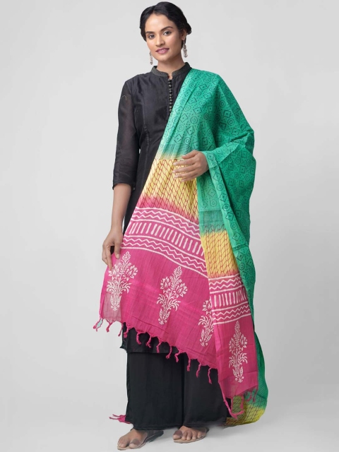 

Unnati Silks Green & Yellow Block Printed Dupatta